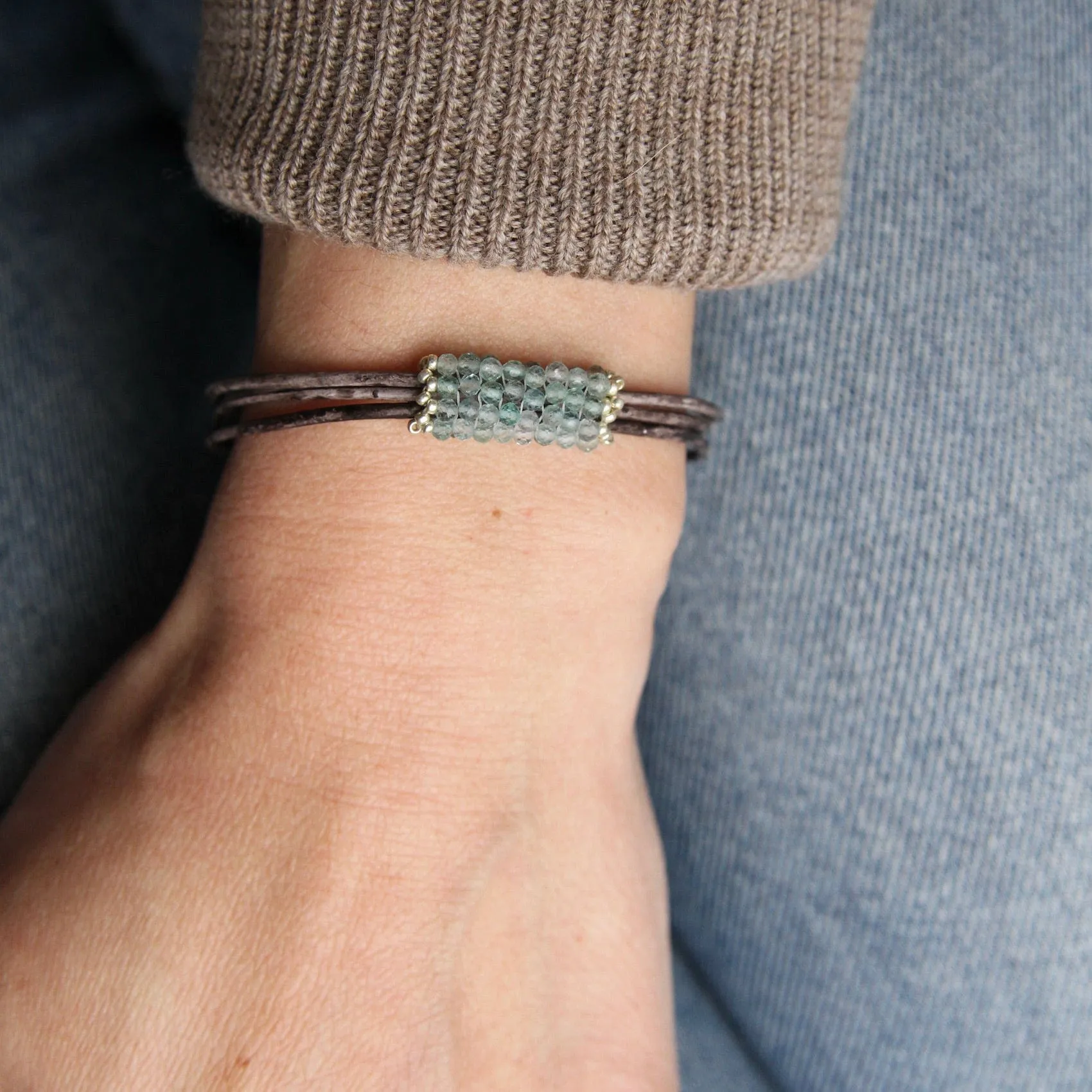 Hand Stitched Tiny Aquamarine with Japanese Seed Bead Picot Edge Bracelet