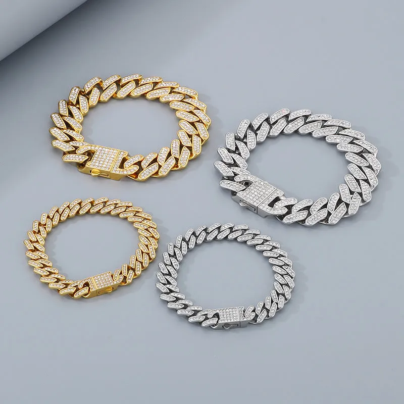 Hipster Celebrity Zircon-Studded Stainless Steel Cuban Chain Jewelry Set for Men