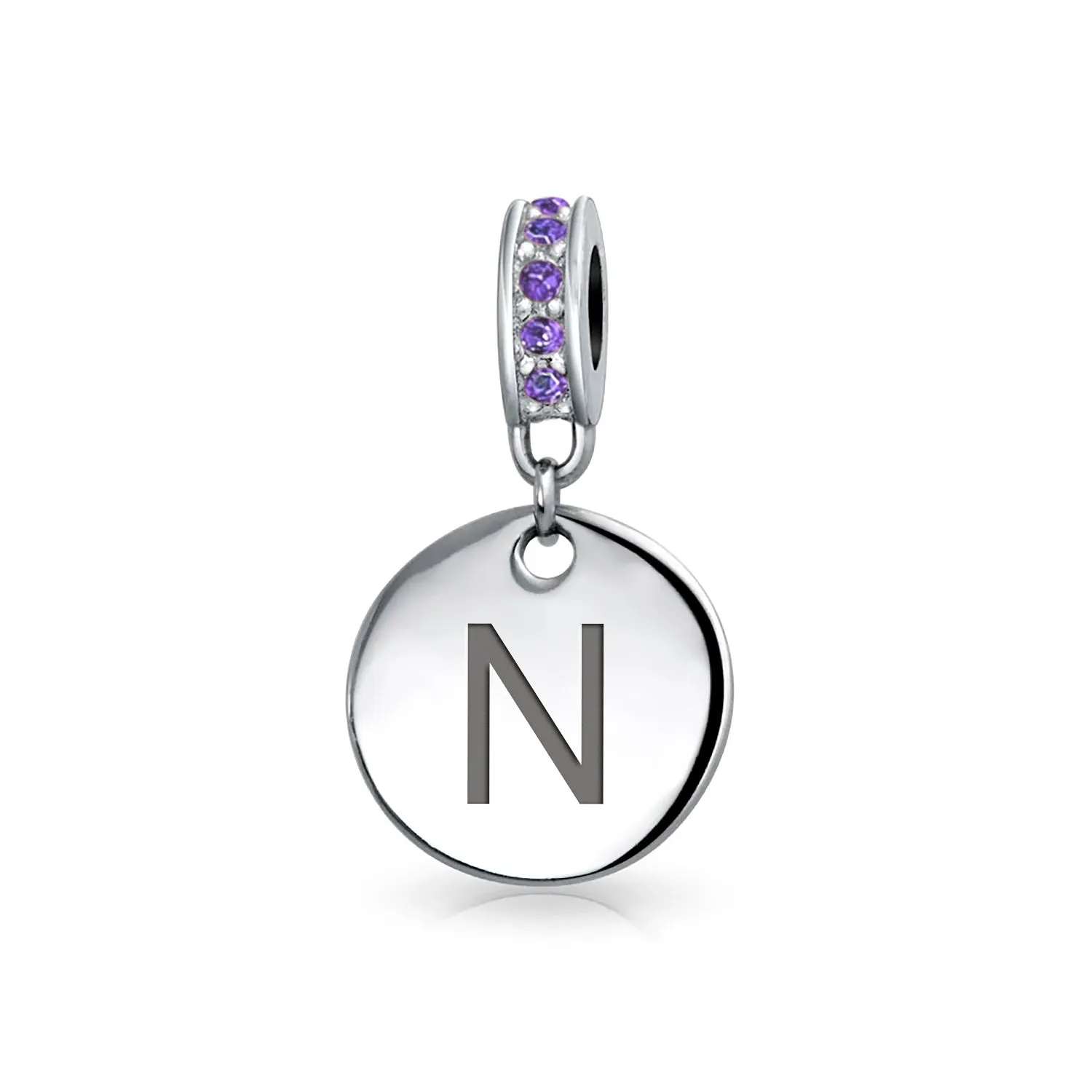 Initial Alphabet Bead Charm Purple Crystal Accent Sterling Silver Amethyst Bead