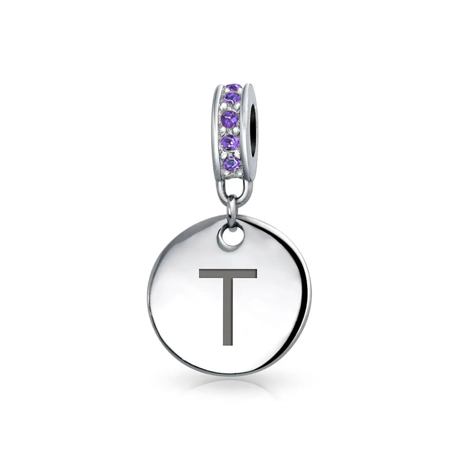 Initial Alphabet Bead Charm Purple Crystal Accent Sterling Silver Amethyst Bead