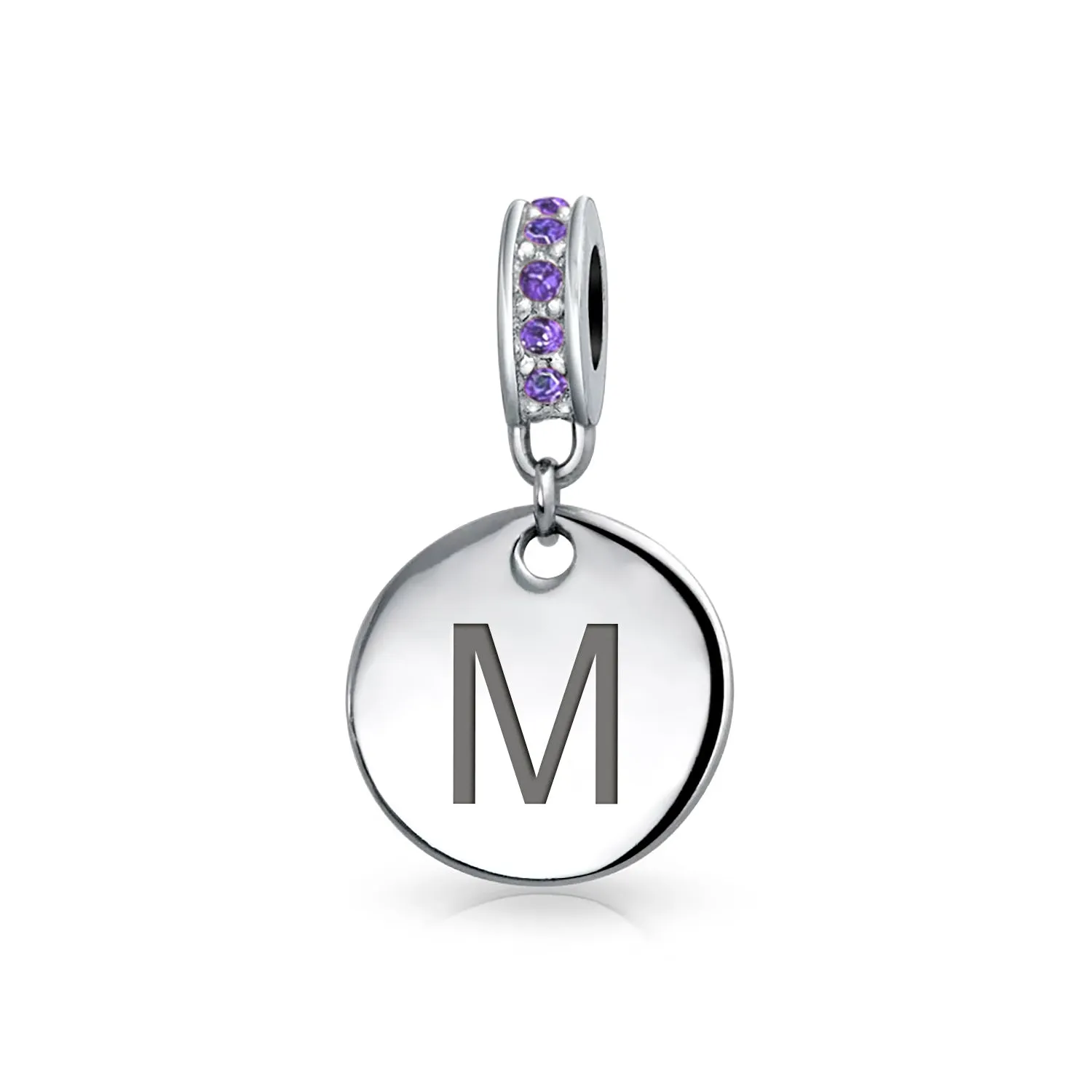 Initial Alphabet Bead Charm Purple Crystal Accent Sterling Silver Amethyst Bead