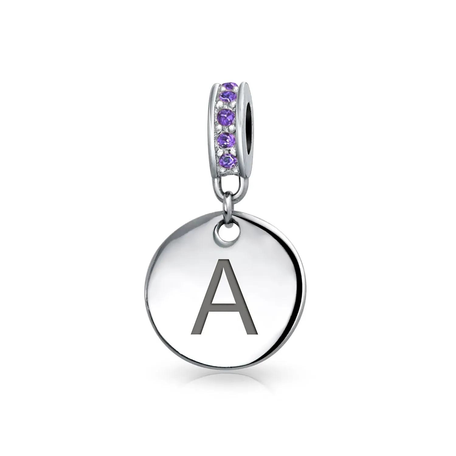 Initial Alphabet Bead Charm Purple Crystal Accent Sterling Silver Amethyst Bead