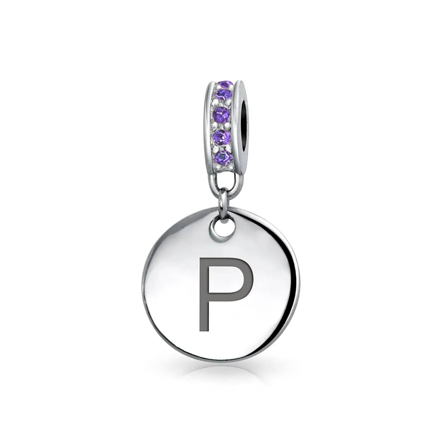 Initial Alphabet Bead Charm Purple Crystal Accent Sterling Silver Amethyst Bead