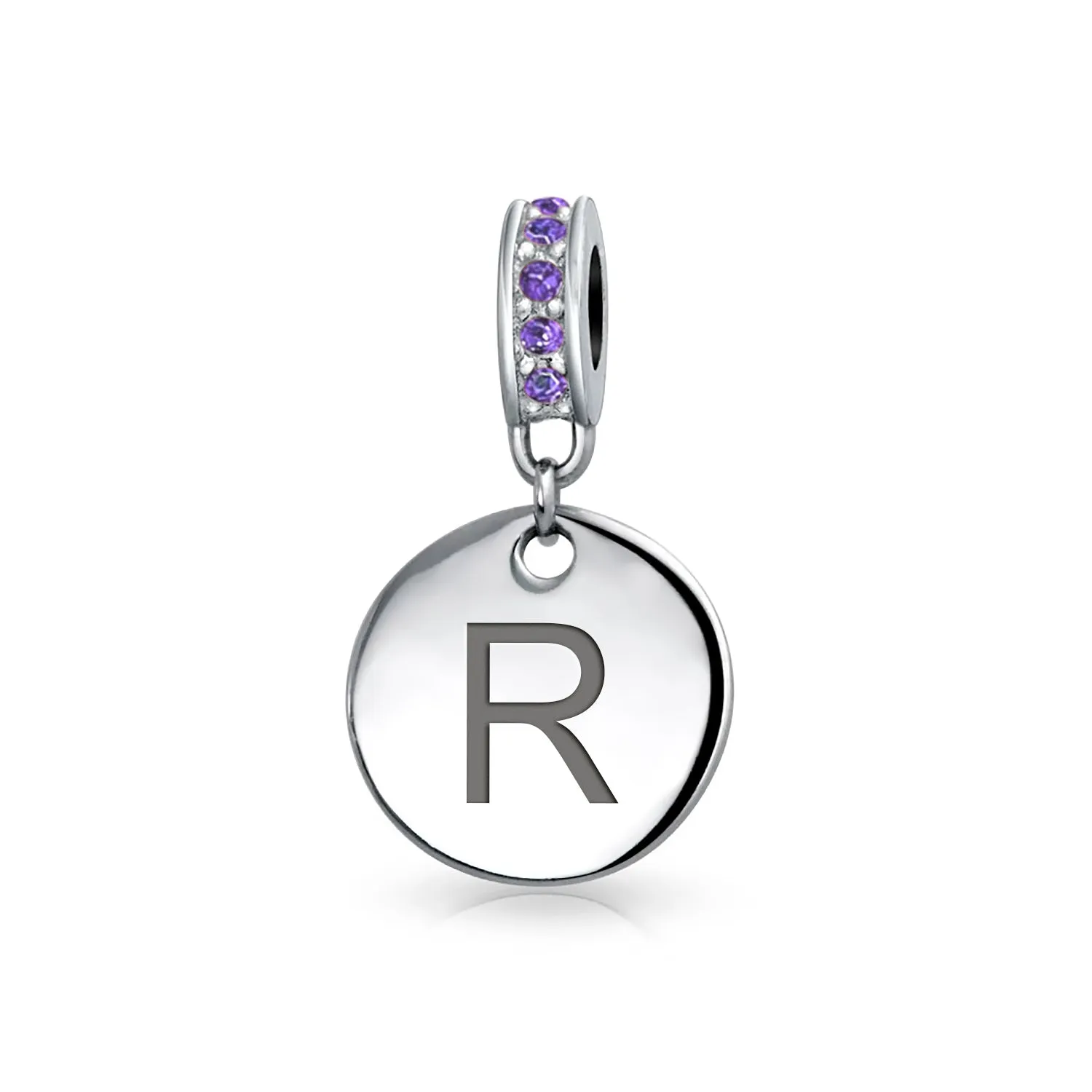 Initial Alphabet Bead Charm Purple Crystal Accent Sterling Silver Amethyst Bead