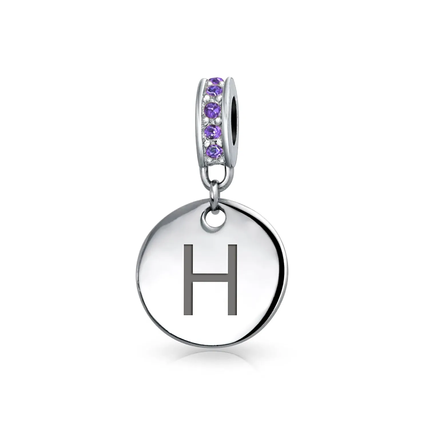 Initial Alphabet Bead Charm Purple Crystal Accent Sterling Silver Amethyst Bead