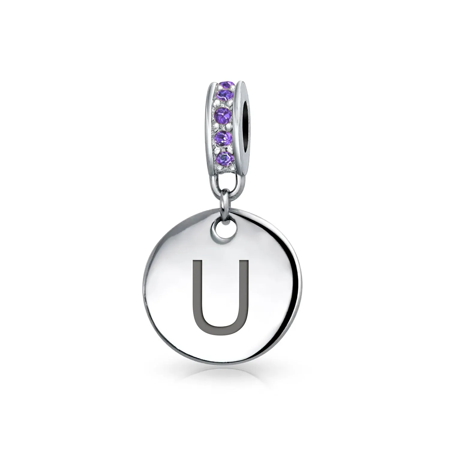 Initial Alphabet Bead Charm Purple Crystal Accent Sterling Silver Amethyst Bead