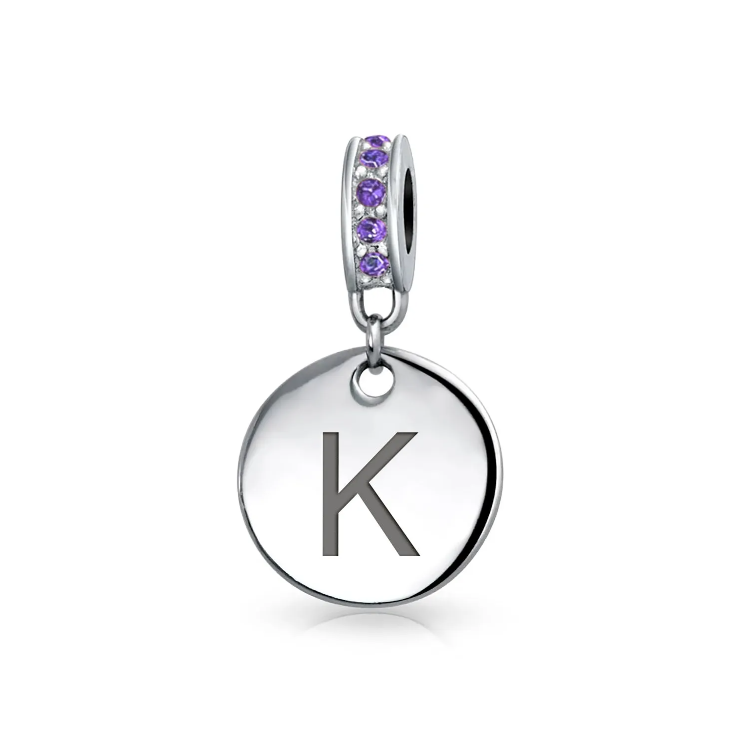 Initial Alphabet Bead Charm Purple Crystal Accent Sterling Silver Amethyst Bead