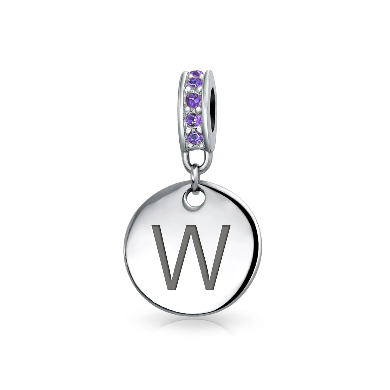 Initial Alphabet Bead Charm Purple Crystal Accent Sterling Silver Amethyst Bead