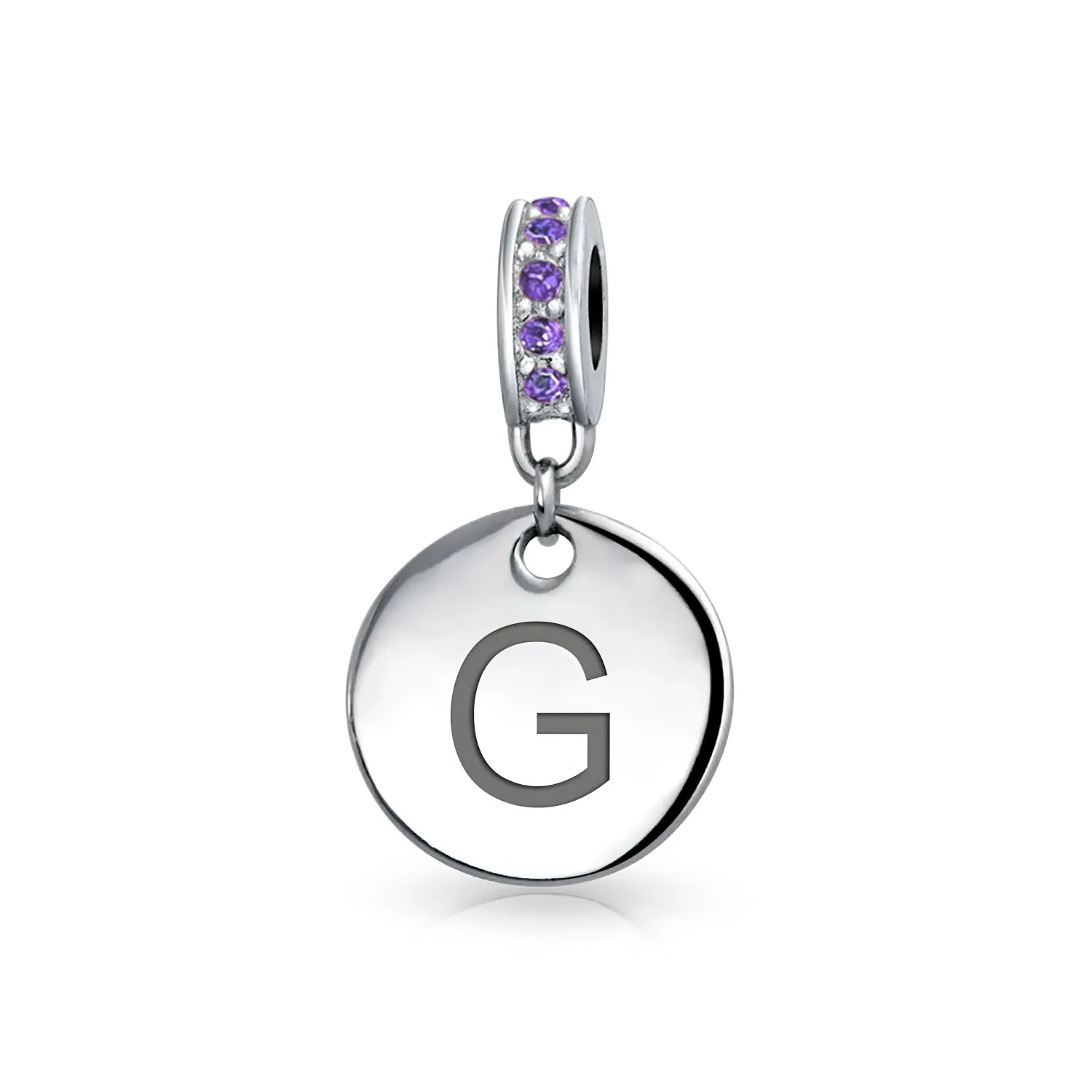 Initial Alphabet Bead Charm Purple Crystal Accent Sterling Silver Amethyst Bead