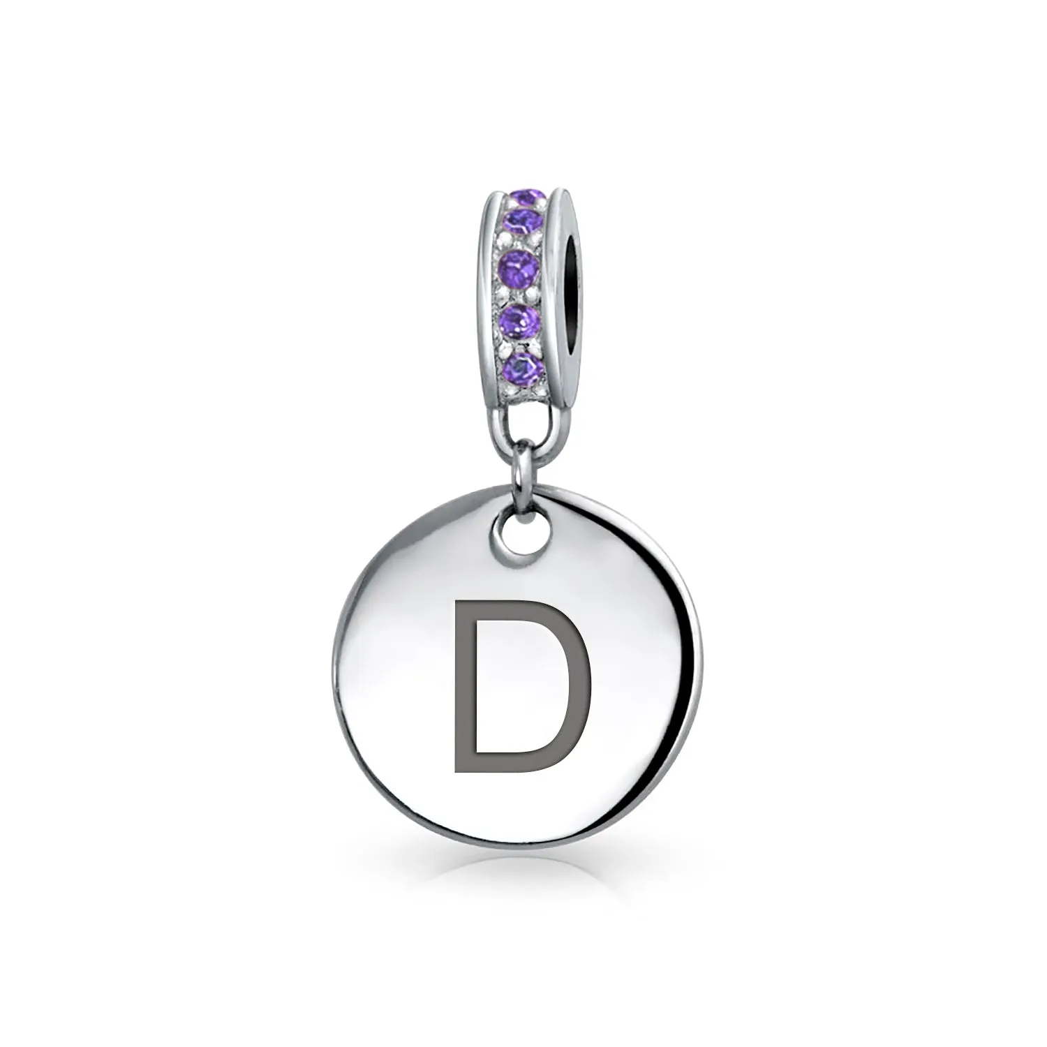 Initial Alphabet Bead Charm Purple Crystal Accent Sterling Silver Amethyst Bead