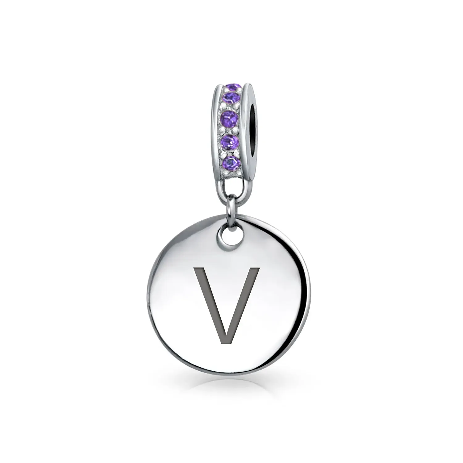 Initial Alphabet Bead Charm Purple Crystal Accent Sterling Silver Amethyst Bead