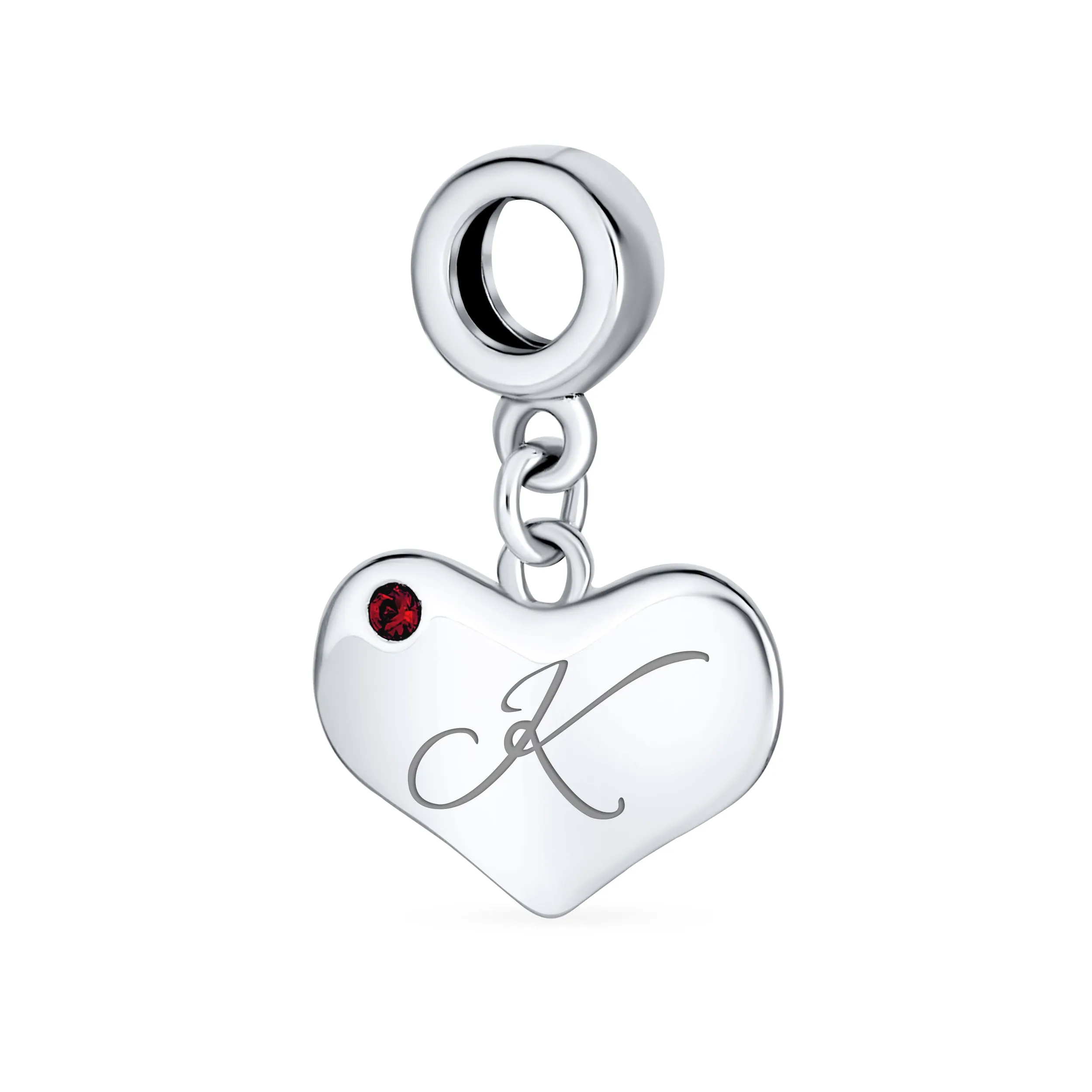 Initial Alphabet Bead Charm Red Ruby Heart Dangle for European Bracelet Sterling Silver