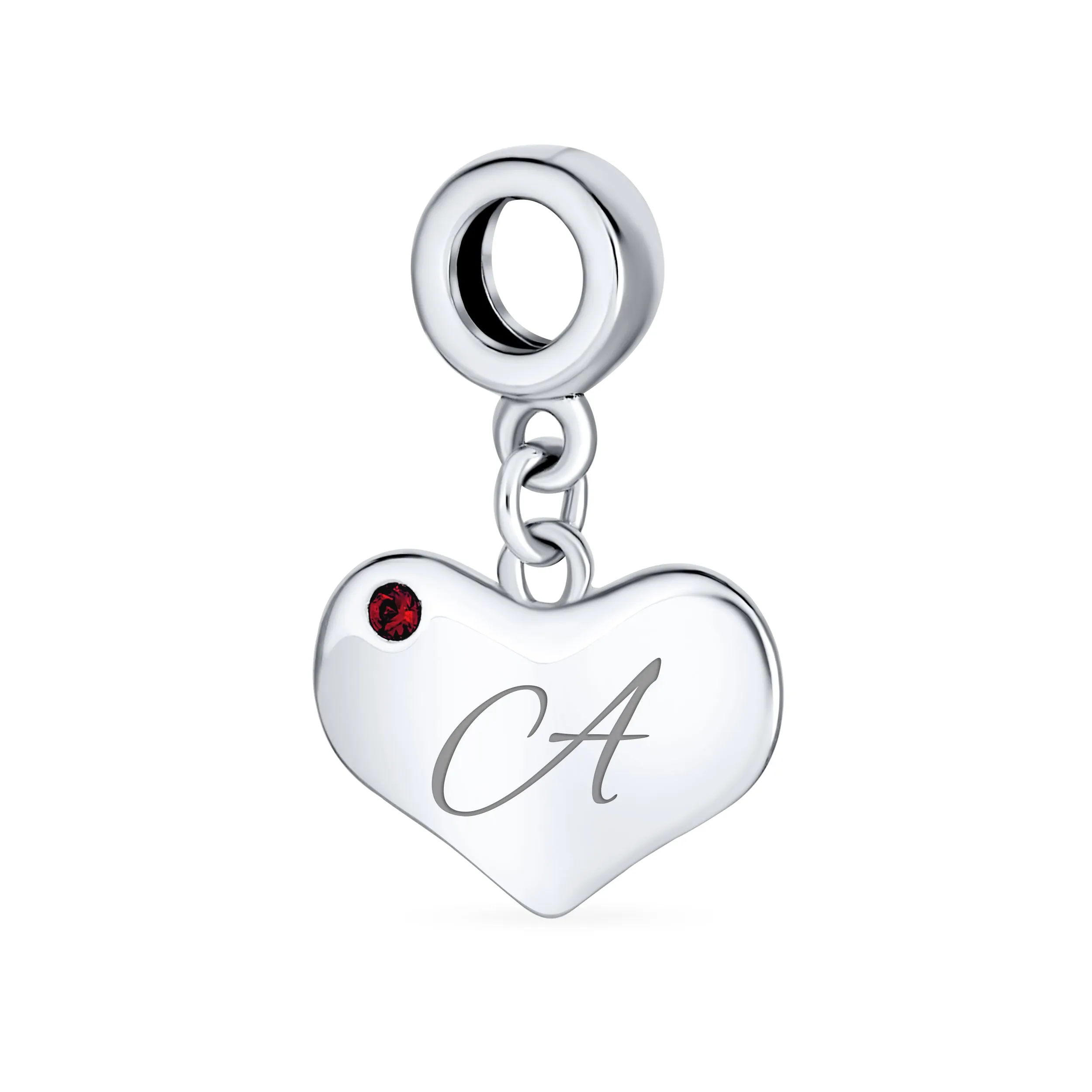 Initial Alphabet Bead Charm Red Ruby Heart Dangle for European Bracelet Sterling Silver