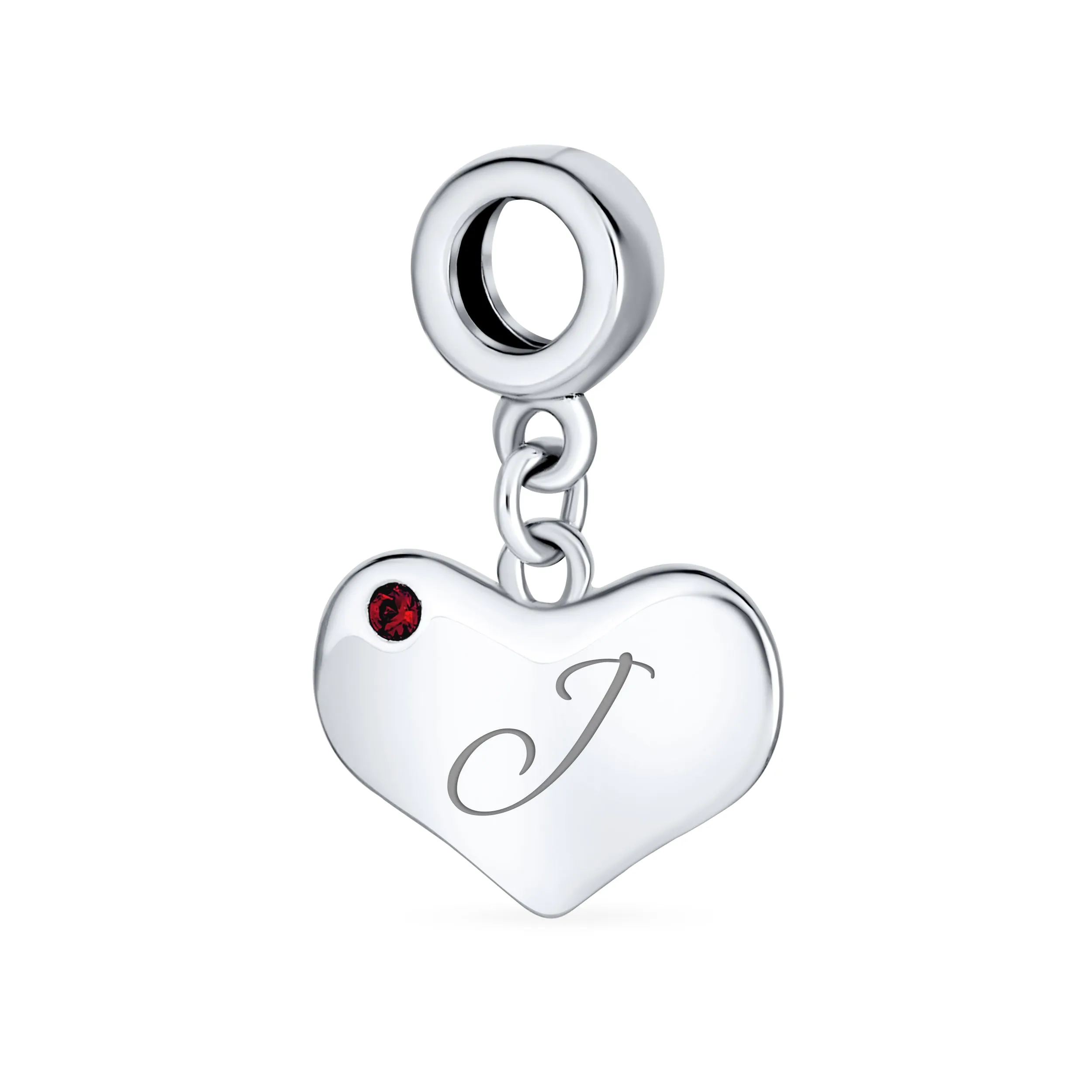 Initial Alphabet Bead Charm Red Ruby Heart Dangle for European Bracelet Sterling Silver