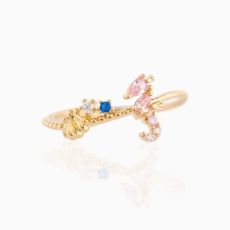 Ins Style Marine Animal Ring Fresh Cute Crab Seahorse Color Zircon Ring Bracelet In Stock