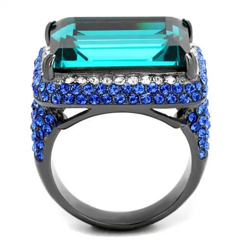 IP Light Black (IP Gun) Stainless Steel Ring with Top Grade Crystal in Blue Zircon for Women Style TK2811