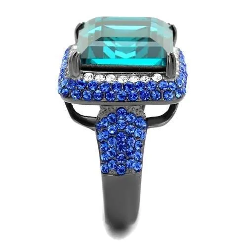 IP Light Black (IP Gun) Stainless Steel Ring with Top Grade Crystal in Blue Zircon for Women Style TK2811