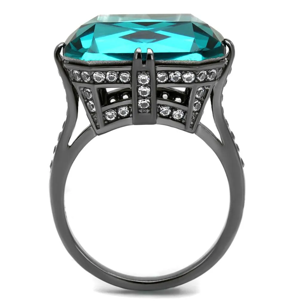 IP Light Black (IP Gun) Stainless Steel Ring with Top Grade Crystal in Blue Zircon for Women Style TK2998