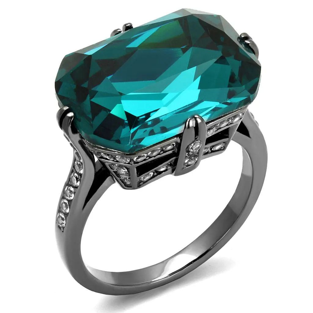 IP Light Black (IP Gun) Stainless Steel Ring with Top Grade Crystal in Blue Zircon for Women Style TK2998