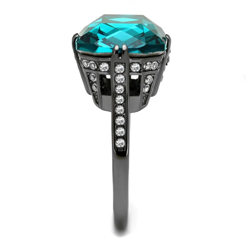 IP Light Black (IP Gun) Stainless Steel Ring with Top Grade Crystal in Blue Zircon for Women Style TK2998