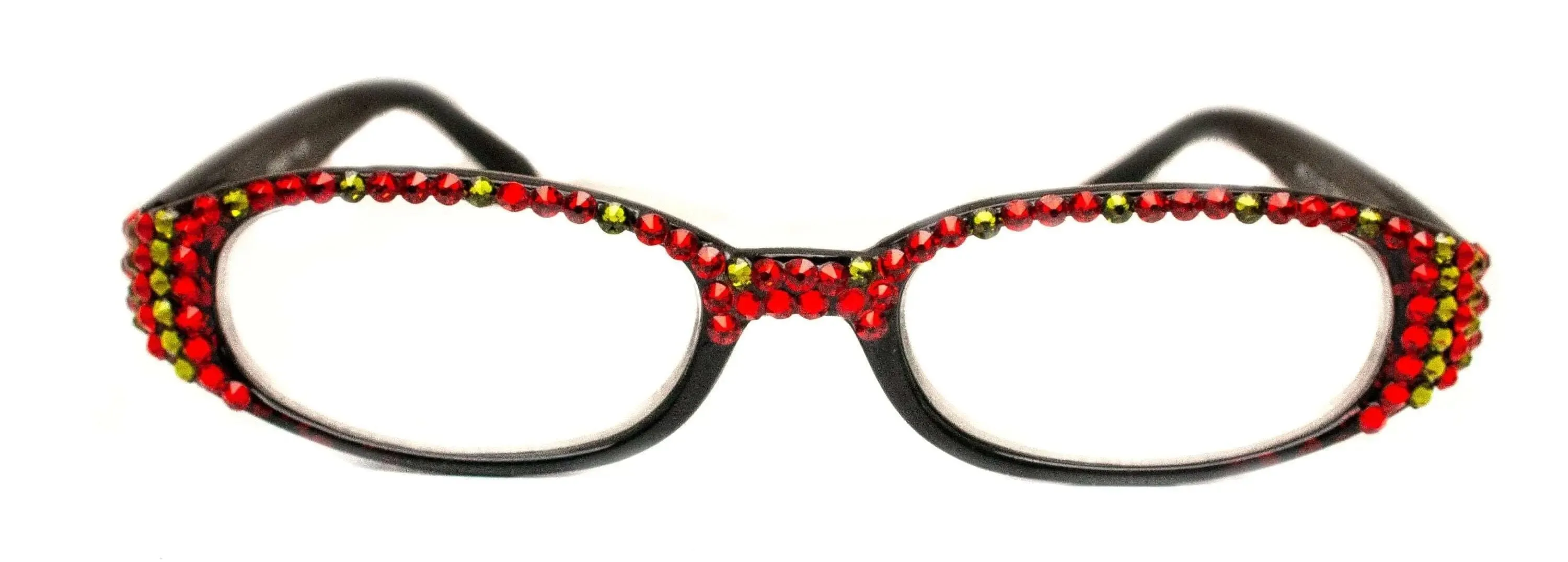 Isabella, (Bling) Reading Glasses Women W (Full Top) (L. Siam, Olivine Green) Genuine European Crystals (Red) NY Fifth Avenue (Wide Frame)