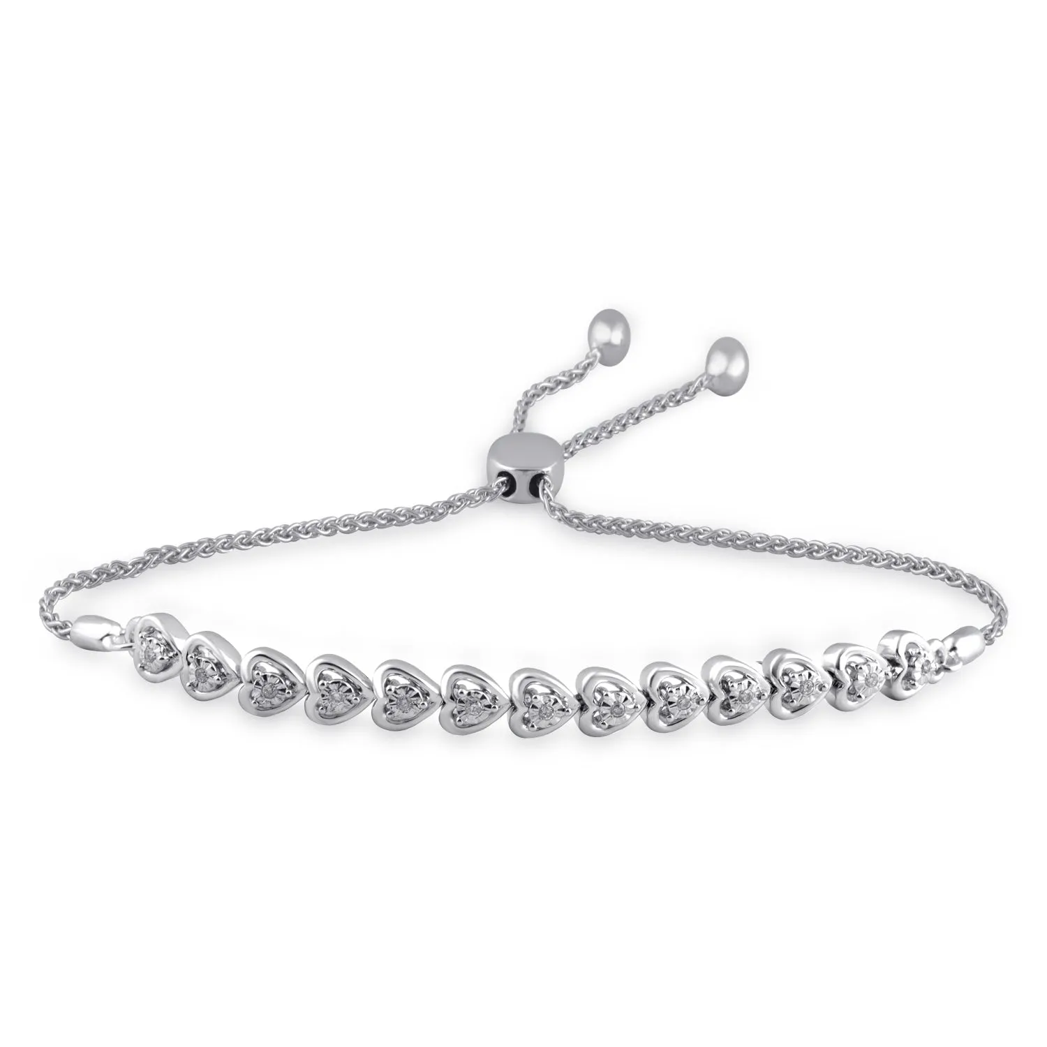 Jewelili Sterling Silver With 1/10 CTTW Natural White Round Diamonds Bolo Bracelet, Adjustable Length