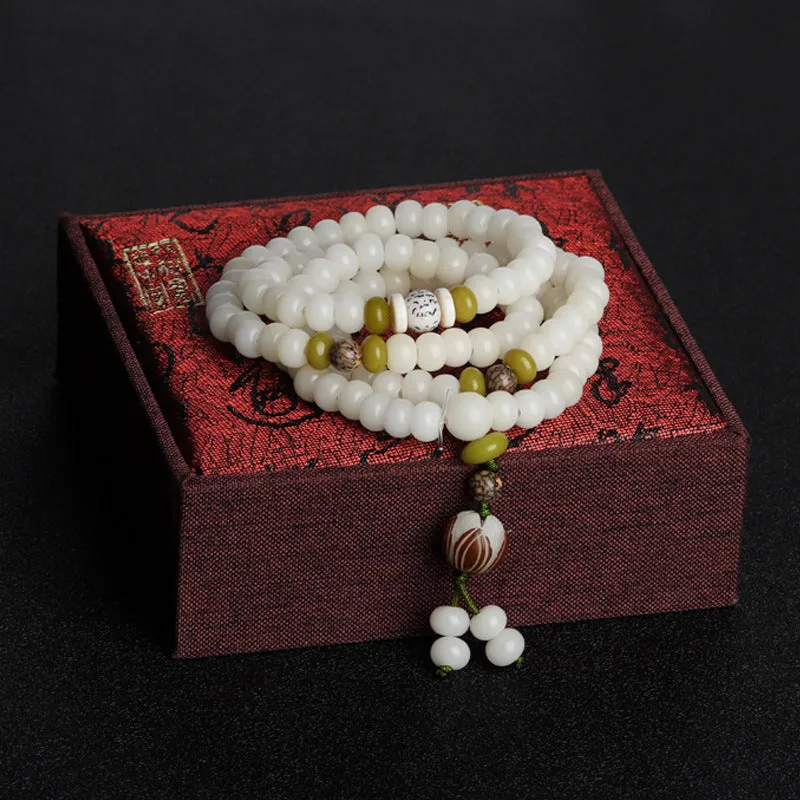 Lotus White Jade Bodhi 108 Buddha Beads Sterling Silver Bracelet