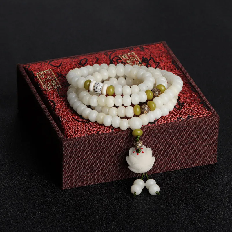 Lotus White Jade Bodhi 108 Buddha Beads Sterling Silver Bracelet