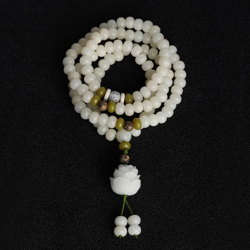 Lotus White Jade Bodhi 108 Buddha Beads Sterling Silver Bracelet