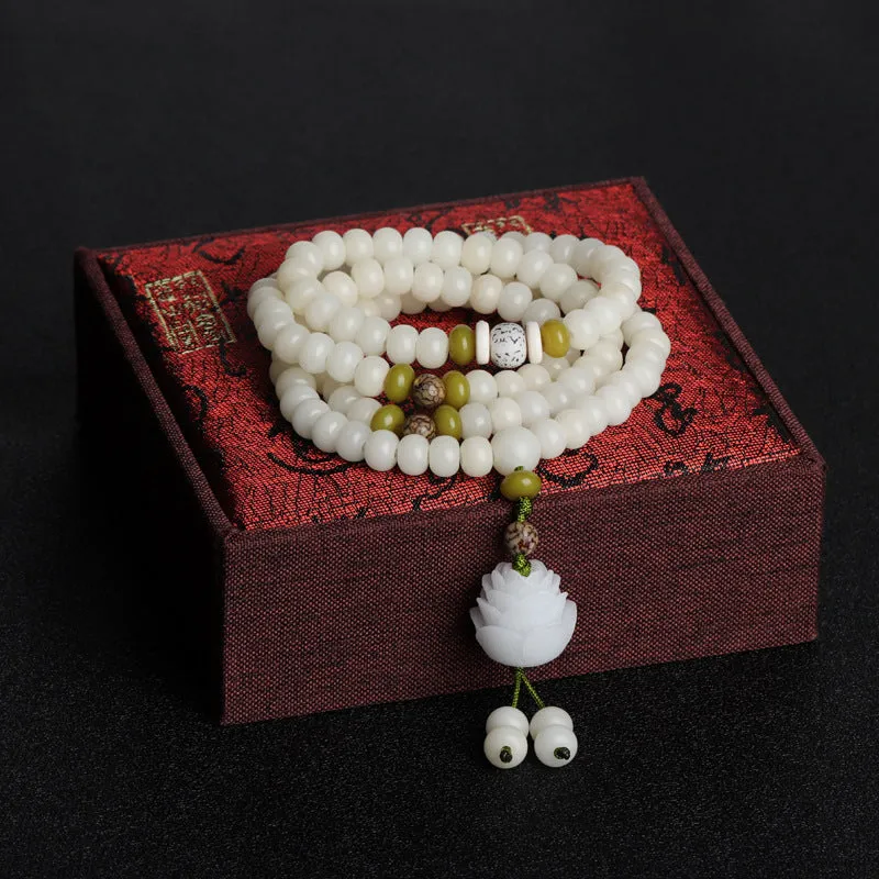 Lotus White Jade Bodhi 108 Buddha Beads Sterling Silver Bracelet