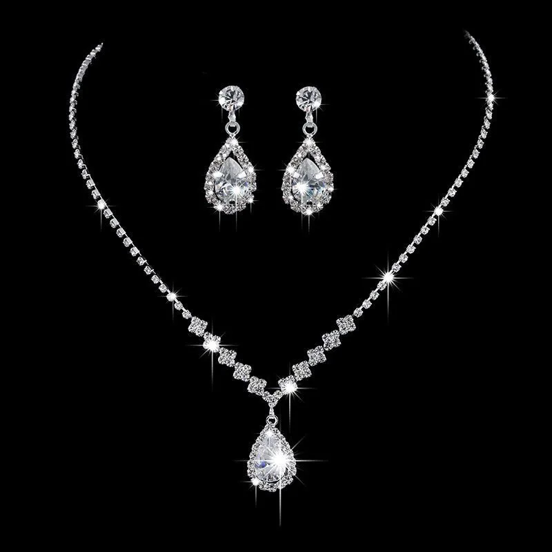 MAC181 Brilliant Full Diamond Zircon Drop Necklace And Earrings