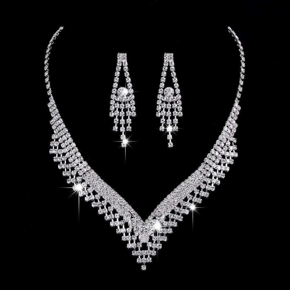 MAC181 Brilliant Full Diamond Zircon Drop Necklace And Earrings