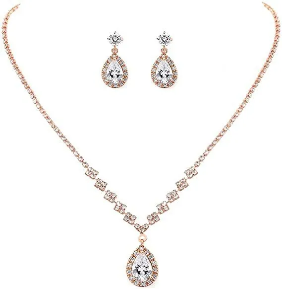 MAC181 Brilliant Full Diamond Zircon Drop Necklace And Earrings