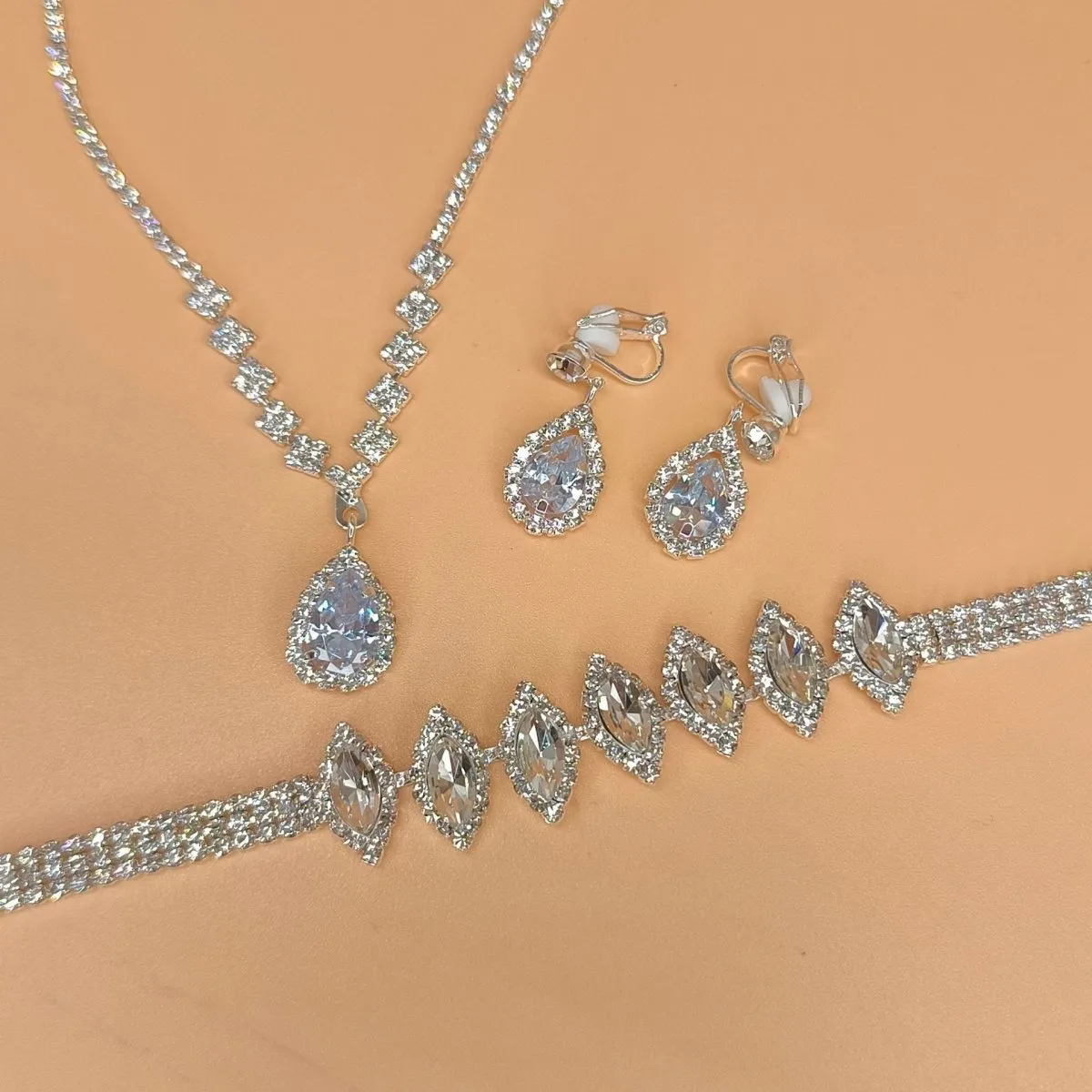 MAC181 Brilliant Full Diamond Zircon Drop Necklace And Earrings