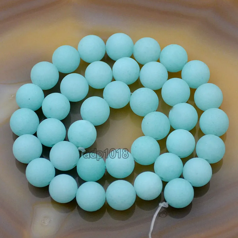 Matte Natural Aquamarine Jade Gemstone Round Loose Beads on a 15.5" Strand