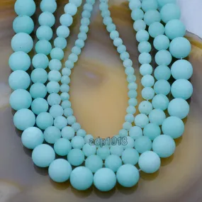 Matte Natural Aquamarine Jade Gemstone Round Loose Beads on a 15.5" Strand