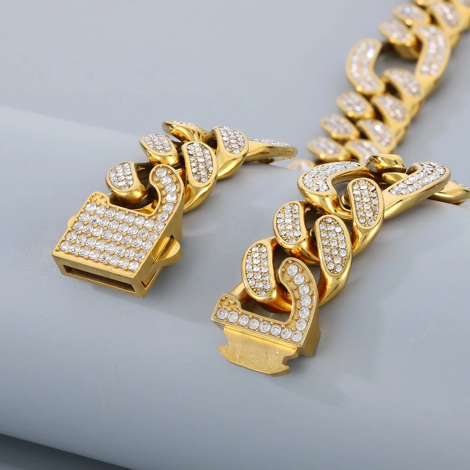 Men's Gold Titanium Stainless Steel Cuban Link Chain Bracelet with Crystal Accents - Premium and Stylish