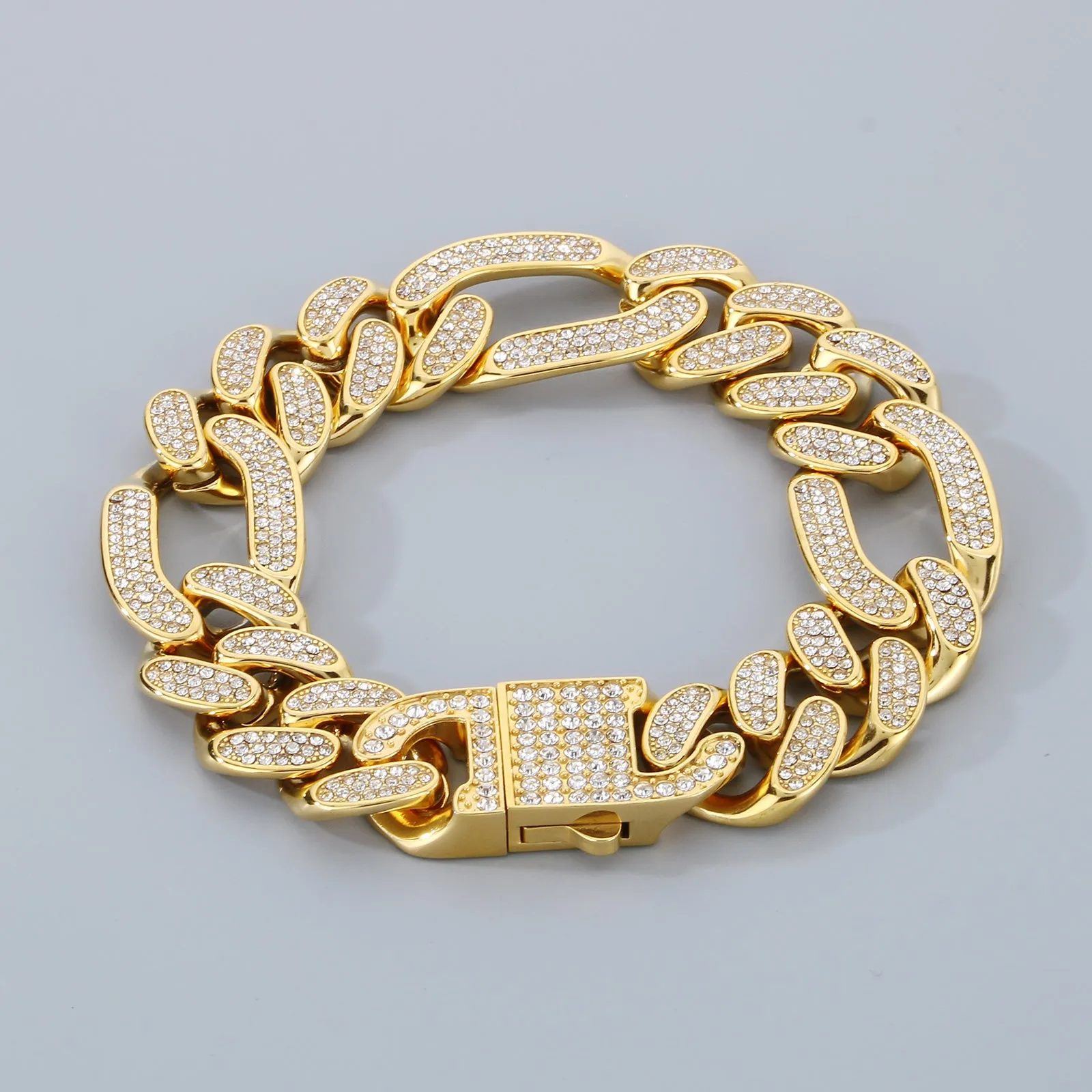 Men's Gold Titanium Stainless Steel Cuban Link Chain Bracelet with Crystal Accents - Premium and Stylish