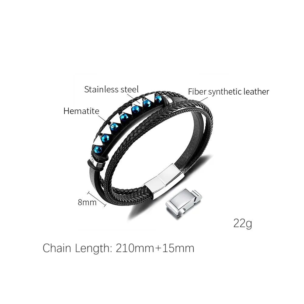 Men's Leather Bracelet with Blue Crystal Accents – Elegant Multi-Strand Design, Secure Magnetic Clasp