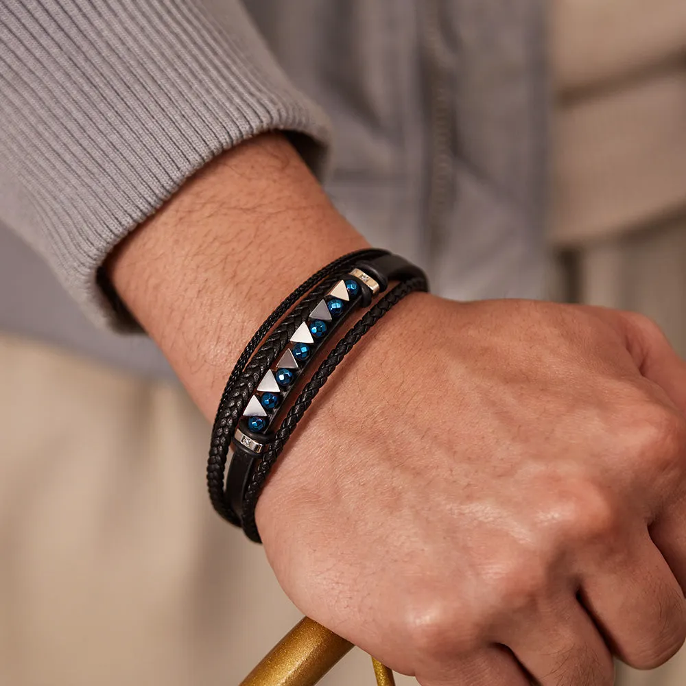 Men's Leather Bracelet with Blue Crystal Accents – Elegant Multi-Strand Design, Secure Magnetic Clasp