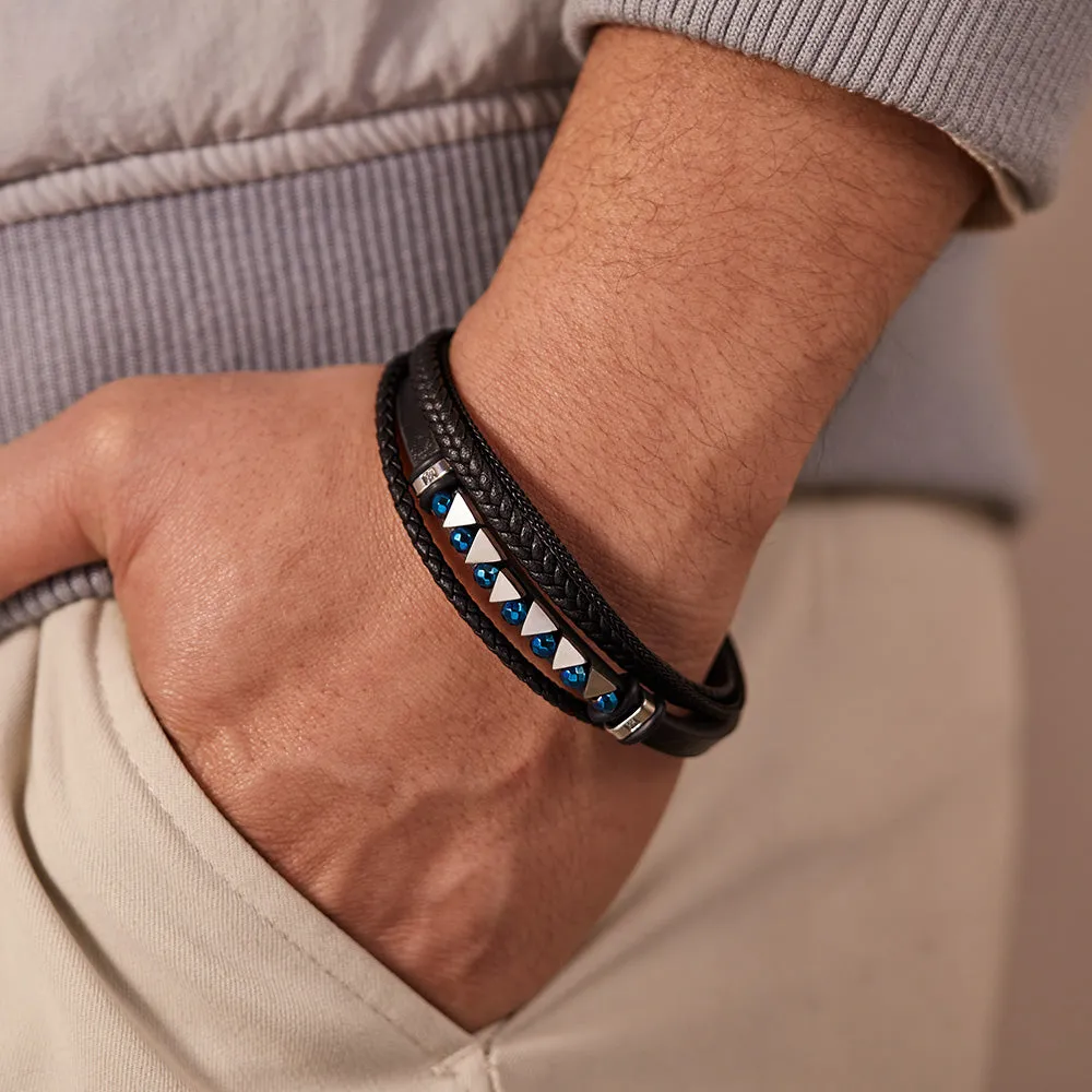 Men's Leather Bracelet with Blue Crystal Accents – Elegant Multi-Strand Design, Secure Magnetic Clasp