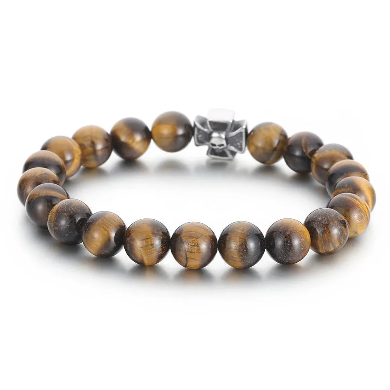 Men's Matte Black Agate and Turquoise Tiger's Eye Skull Bracelet with Titanium Steel Beads