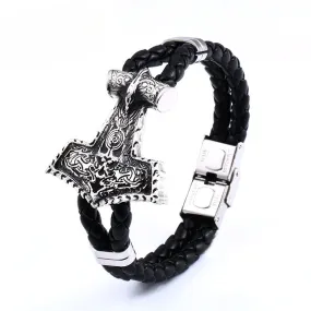 Men's Retro Viking Crow Leather Bracelet with Stainless Steel Accents - Wholesale Stylish Accessory