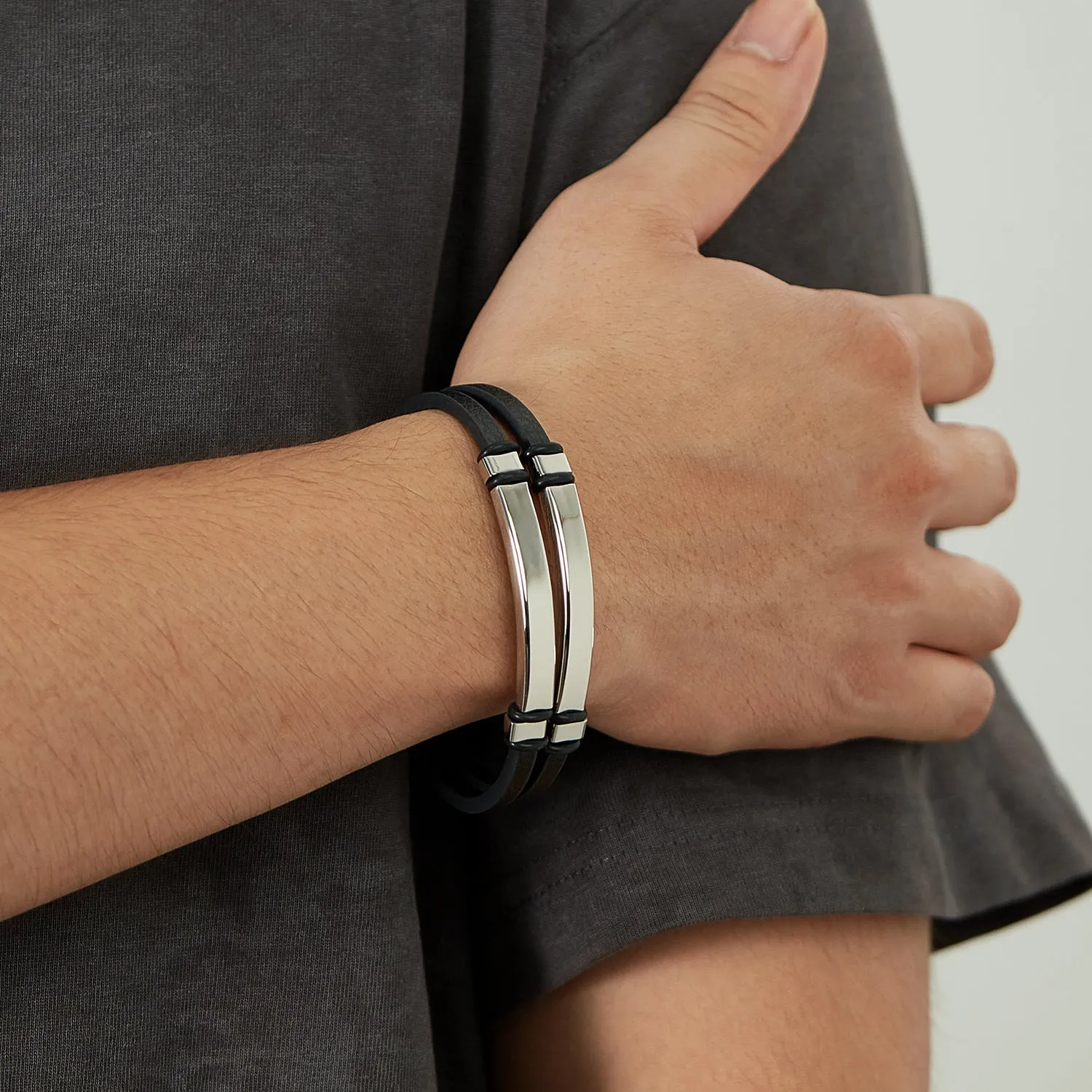 Men's Sleek Leather Bracelet with Polished Stainless Steel Bar - Minimalist and Stylish Accessory