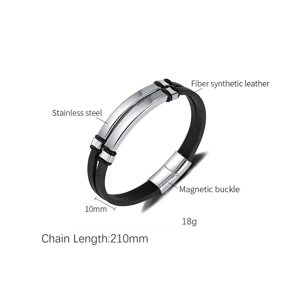 Men's Sleek Leather Bracelet with Polished Stainless Steel Bar - Minimalist and Stylish Accessory