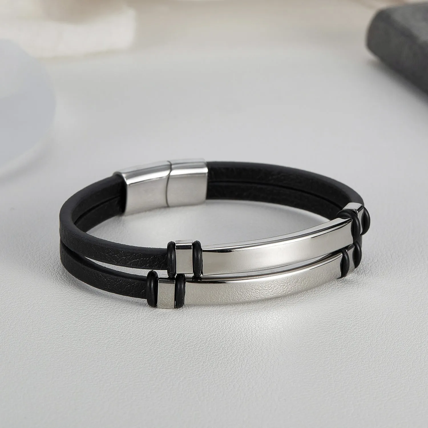 Men's Sleek Leather Bracelet with Polished Stainless Steel Bar - Minimalist and Stylish Accessory