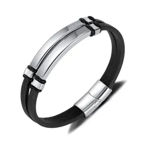 Men's Sleek Leather Bracelet with Polished Stainless Steel Bar - Minimalist and Stylish Accessory