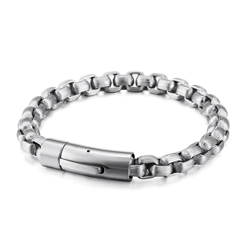 Men's Stylish Titanium Steel Striped Square Pearl Bracelet with Snap Button Locomotive Chain