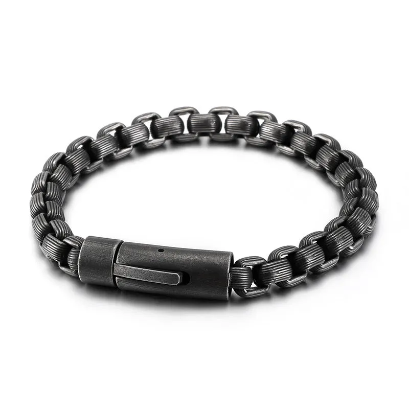 Men's Stylish Titanium Steel Striped Square Pearl Bracelet with Snap Button Locomotive Chain