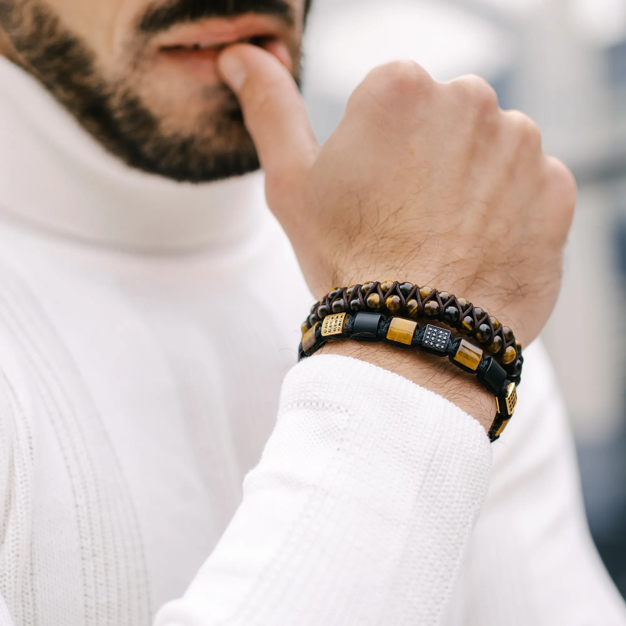 Men's TIGER EYE, MATTE ONYX Flat bead Bracelet